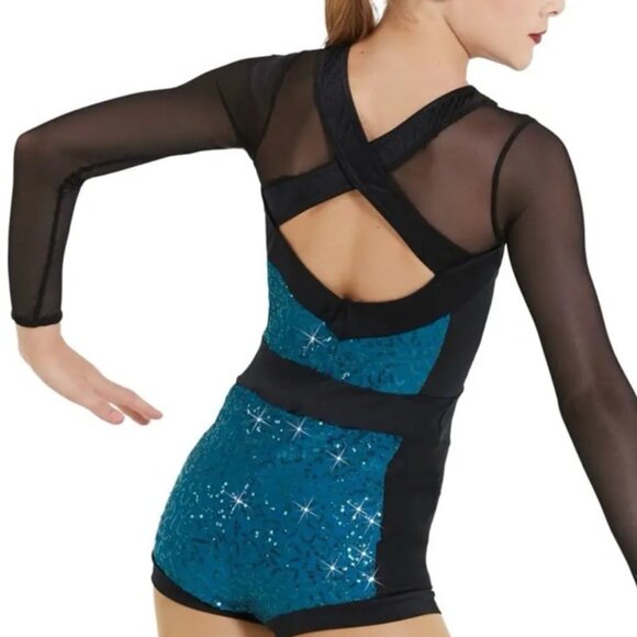 WEISSMAN 12142 Titanium Black Mesh Teal Sequin Biketard Dance Costume Small SA - Picture 4 of 4